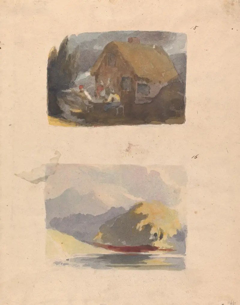 Hütte mit Figuren davor (Nr. 15); Landschaft mit Fluss und Bergen – Sonnenschein (Nr. 16) von Thomas Sully