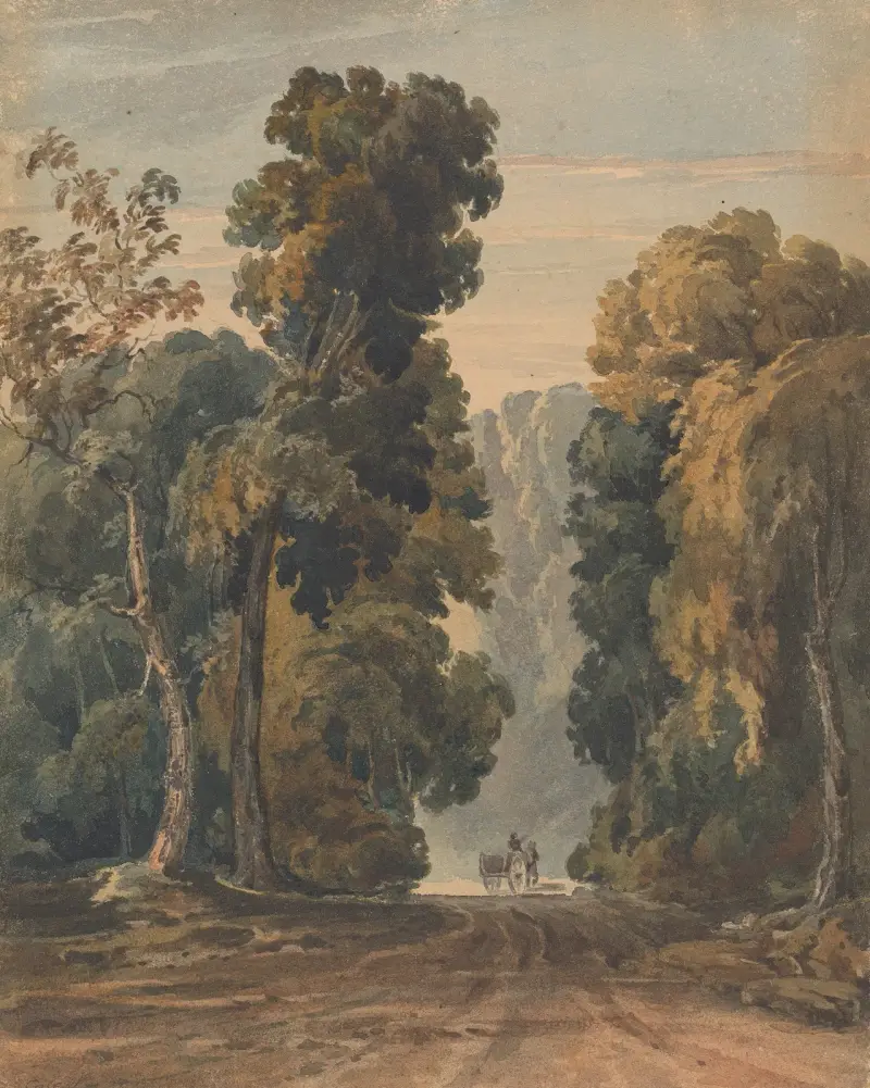 Horse, Cart and Driver on Wide, Tree-lined Lane av Thomas Sully