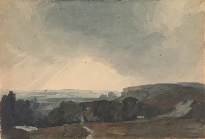 Landskapsscen från bergstopp med utsikt över en solbelyst dal av Thomas Sully