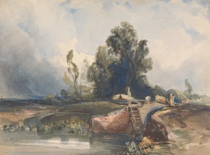 Landskap med kanal och sluss; figurer vid slussen av Thomas Sully