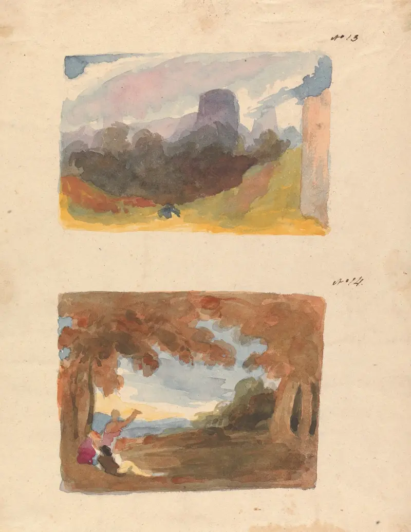 Landskap med slott – modern stil (nr 13); Landskap med figurer i förgrunden av Thomas Sully