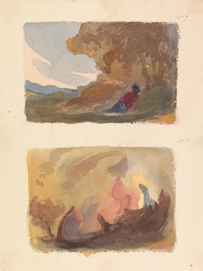 Landskap med figur som lutar sig mot en kulle – Titian och den venetianska skolan (nr 7); Landskap – varierande akvarelltvättar av Thomas Sully