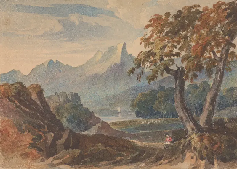 Landskap med berg, sjöborg och sittande figur i förgrunden av Thomas Sully