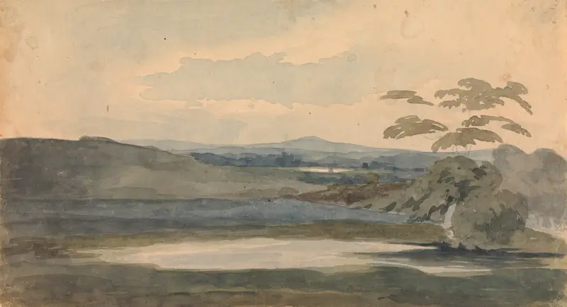 Landskap med träd och berg, sjö i förgrunden av Thomas Sully