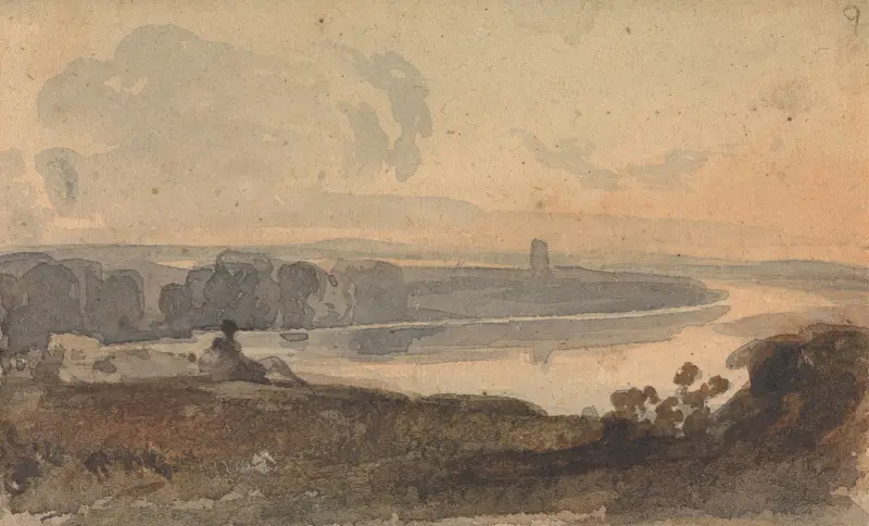 Landskap med slingrande flod, figur på kulle i förgrunden av Thomas Sully