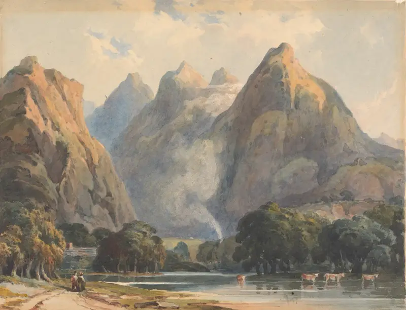 Horská scenérie s potokem, kravami a postavami, Thomas Sully