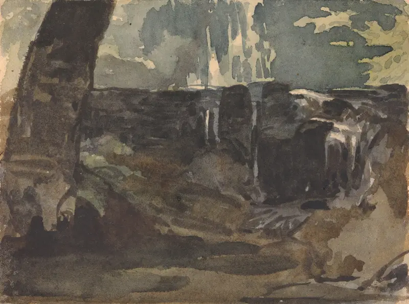 Klippigt landskap, stor trädstam i förgrunden av Thomas Sully