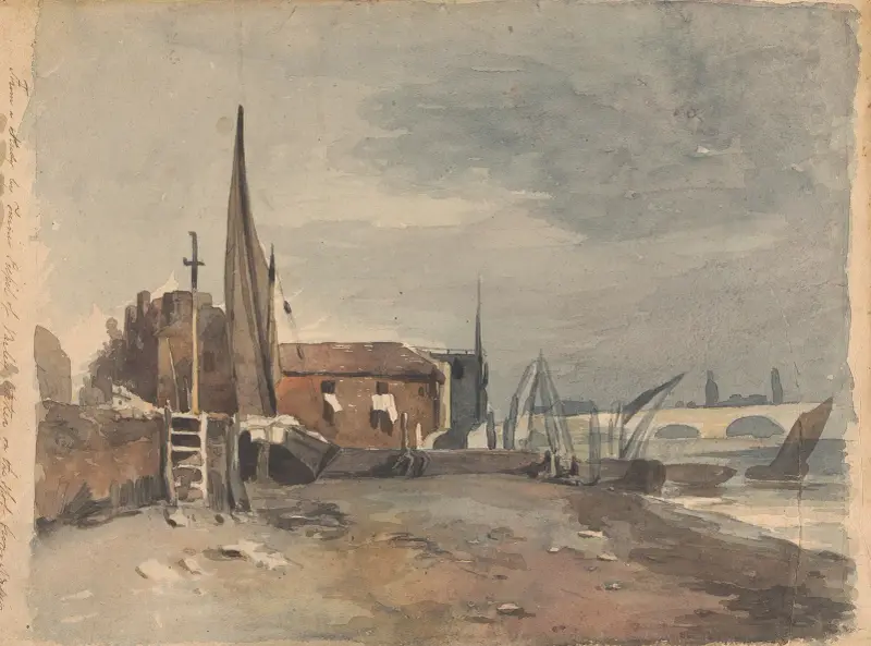Kustmotiv med byggnader och båtar av Thomas Sully