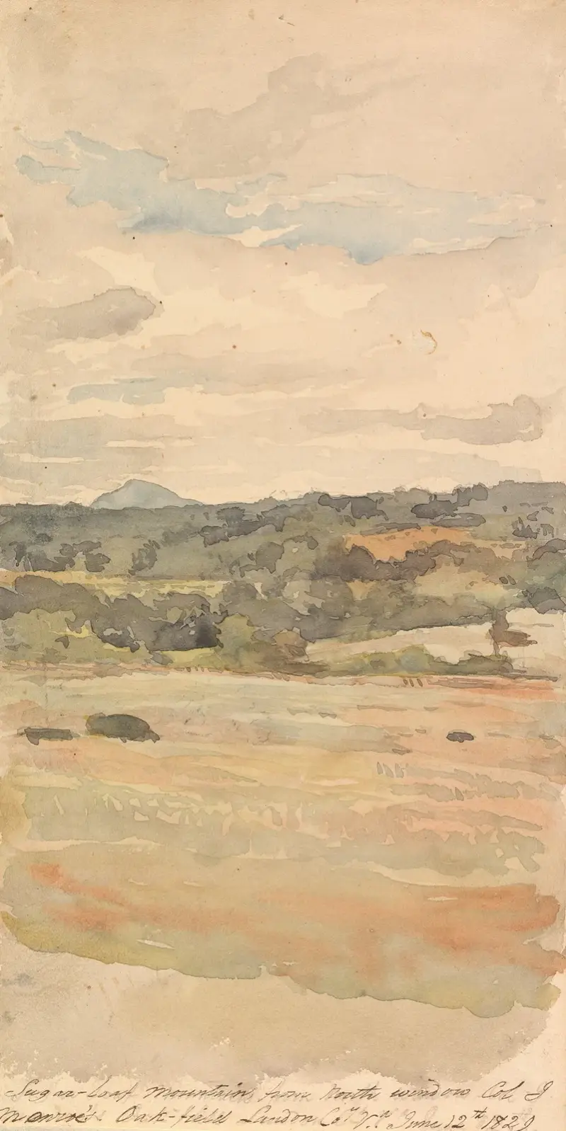 Sockertoppsberget, från norra fönstret, överste J. Monroes. Oak-Field, Landon Co., Va. 12 juni 1829 av Thomas Sully