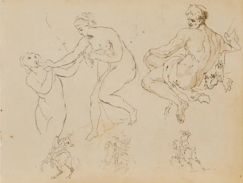 Two Female Nudes; Seated Male Nude av Thomas Sully