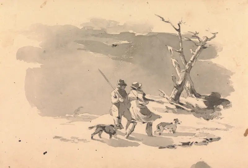 Två jägare och två hundar i vinterscen av Thomas Sully