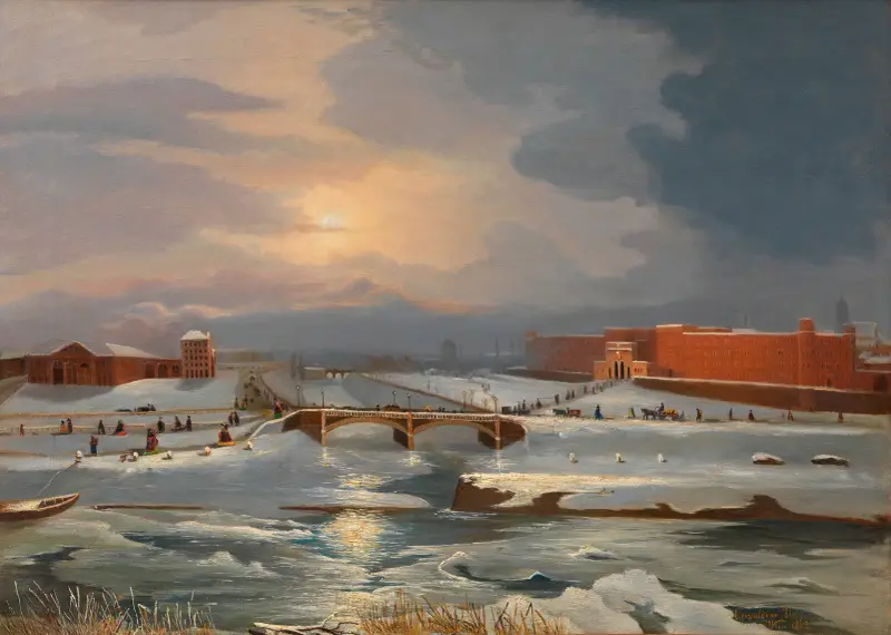 Die Franz Josephs-Kaserne mit Hauptzollamt und Radetzkybrücke im Winter av Tina Blau