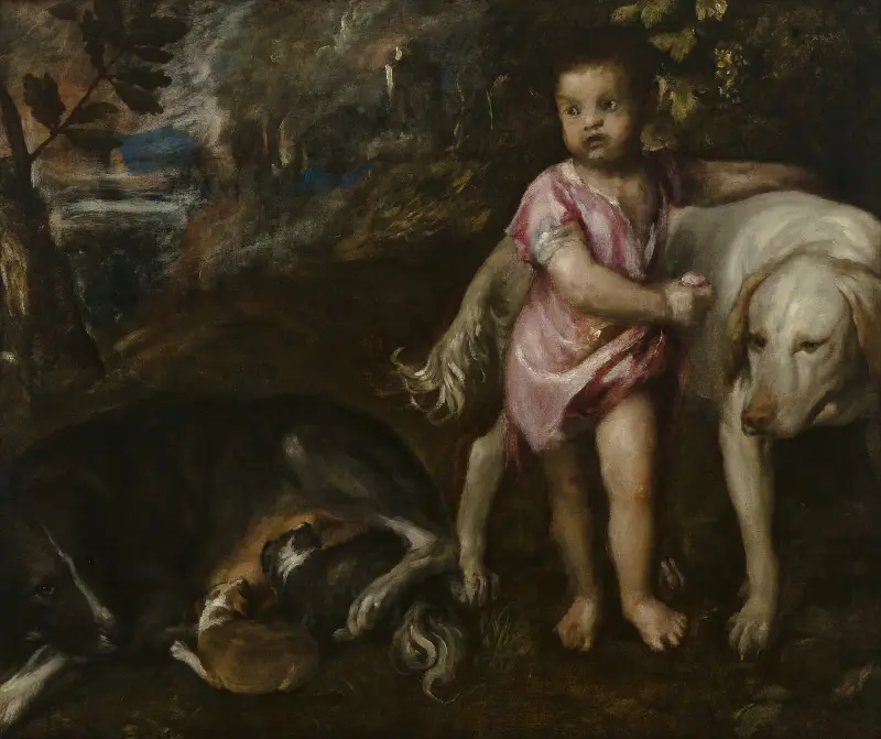 Boy with Dogs in a Landscape av Titian