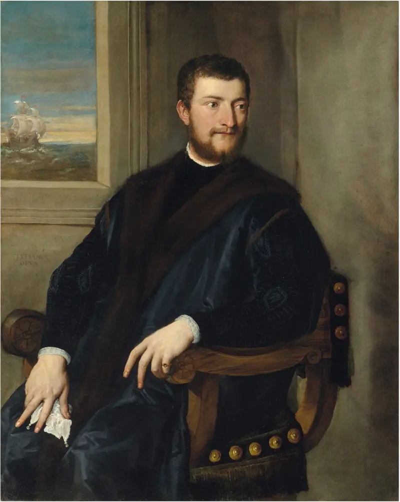 Portrait of a nobleman, seated before a window av Titian