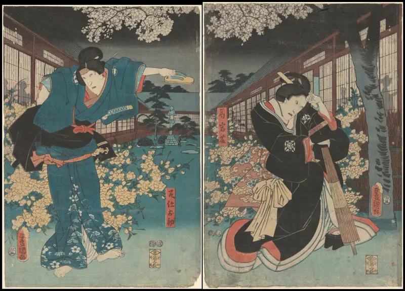 Actors in the Roles of Ohatsu and Iwafuji av Utagawa Kunisada (Toyokuni III)