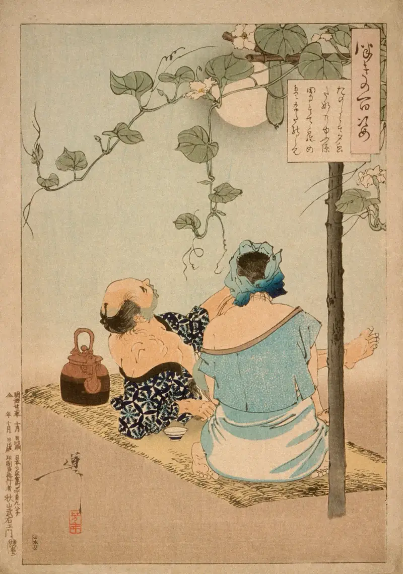 A Couple Enjoying the Flowering Evening Face Arbor av Tsukioka Yoshitoshi