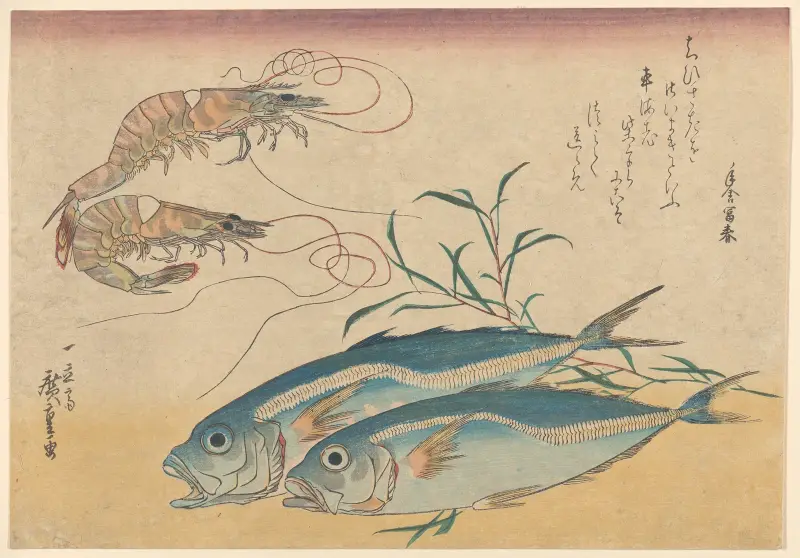 Kuruma Ebi, Aji Prawns, and Horse Mackerel av Utagawa Hiroshige