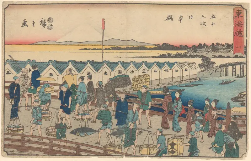 Nihonbashi, Porters, etc. on Bridge (summer scene) av Utagawa Hiroshige