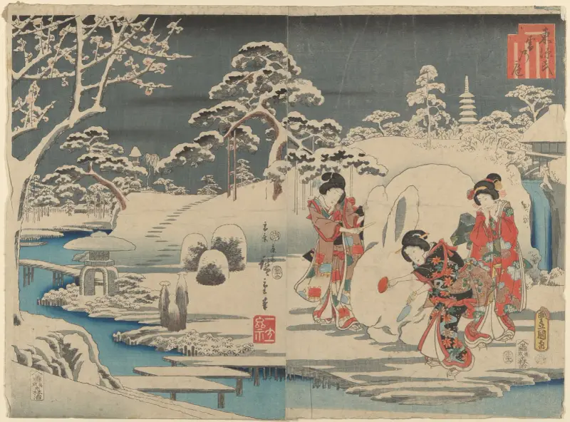 Three Women Making a Snow Rabbit in a Garden av Utagawa Hiroshige
