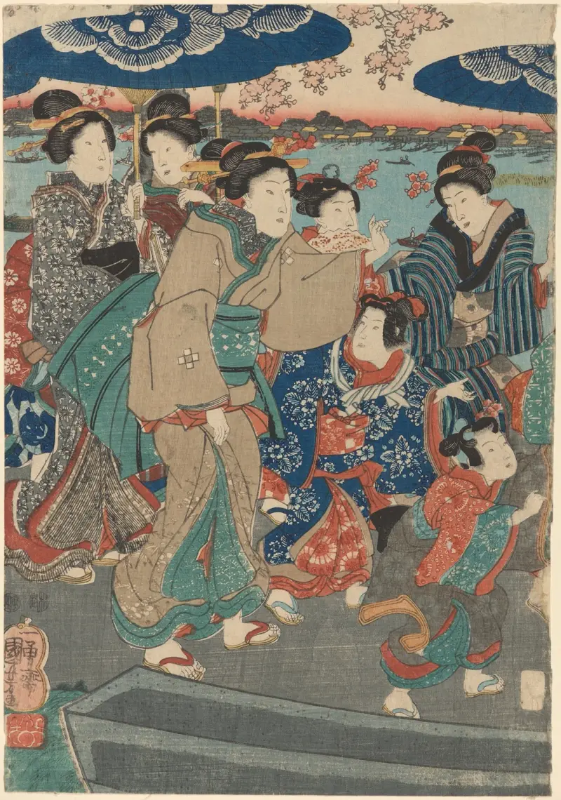 Seven Female Figures, Two Umbrellas (river in background) av Utagawa Kuniyoshi