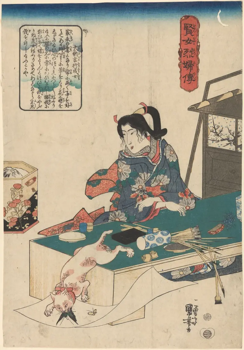 Woman at Table, White Cat Pouncing on Butterfly av Utagawa Kuniyoshi