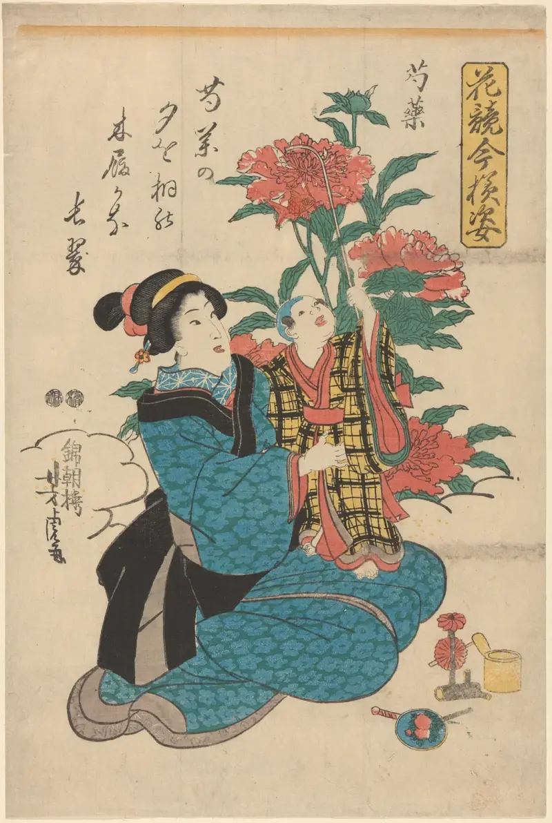 Woman in Blue Kimono Holding Child Looking at Peonies av Utagawa Kuniyoshi