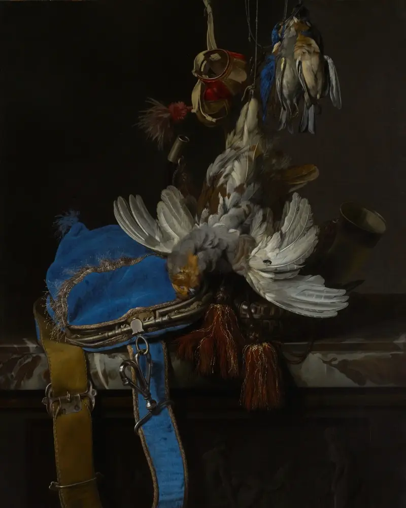 Jaktstilleben med sammetsväska på marmorhylla av Willem van Aelst