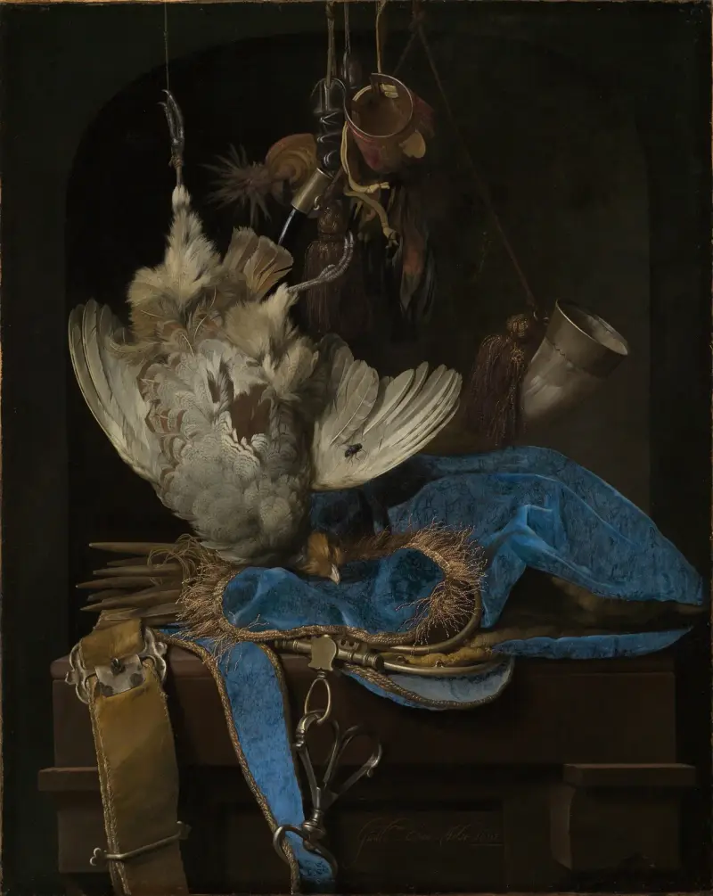 Stilleben med jaktredskap och död rapphöna av Willem van Aelst