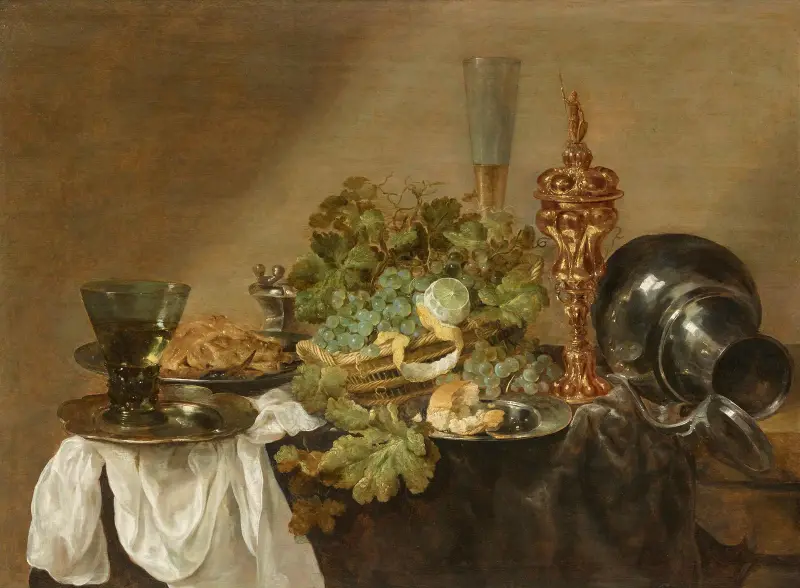 Stillleben mit Trauben, Zitronen, Brot, einem Römer und einem vergoldeten Pokal auf einer Tafel av Abraham van Beyeren