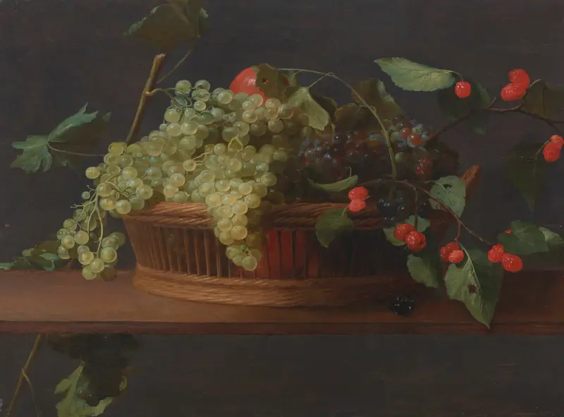 A basket of grapes and raspberries on a ledge oil on panel av Jacob Foppens van Es