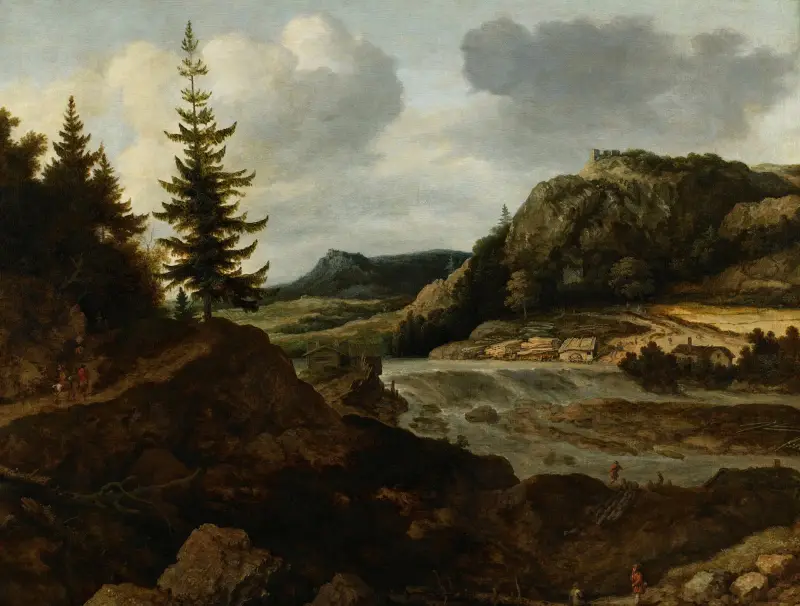 A Mountainous River Landscape with Travellers av Allaert van Everdingen