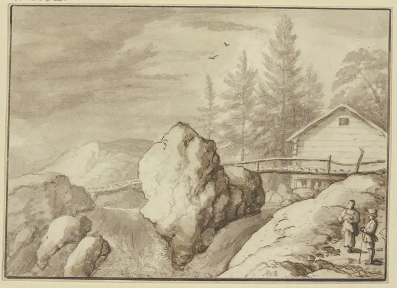Zwischen Felsstücken ein Wasserfall, dabei ein Steg und ein Haus, rechts zwei Figuren av Allaert van Everdingen