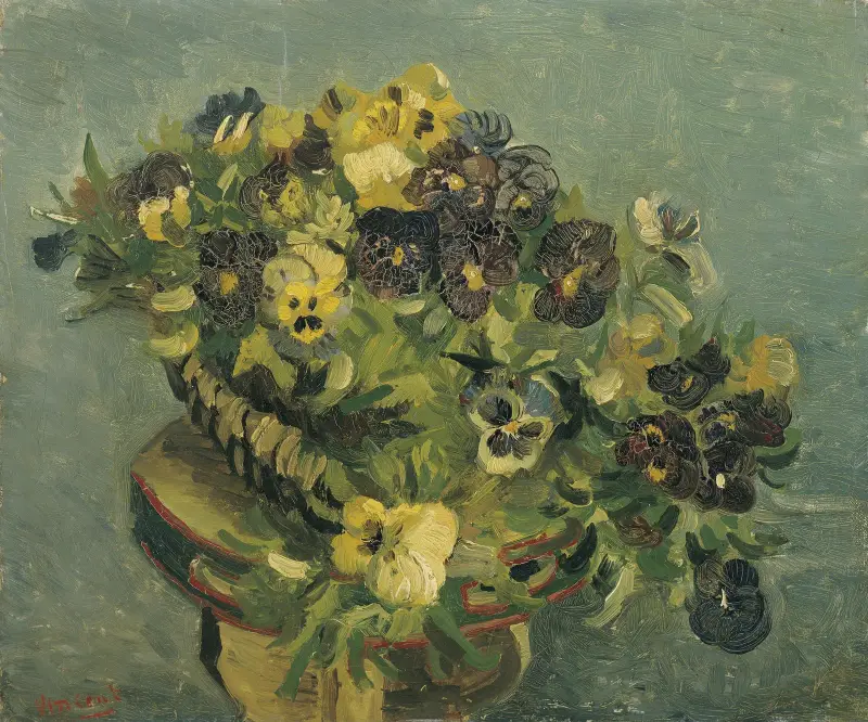 Basket of pansies on a small table av Vincent van Gogh