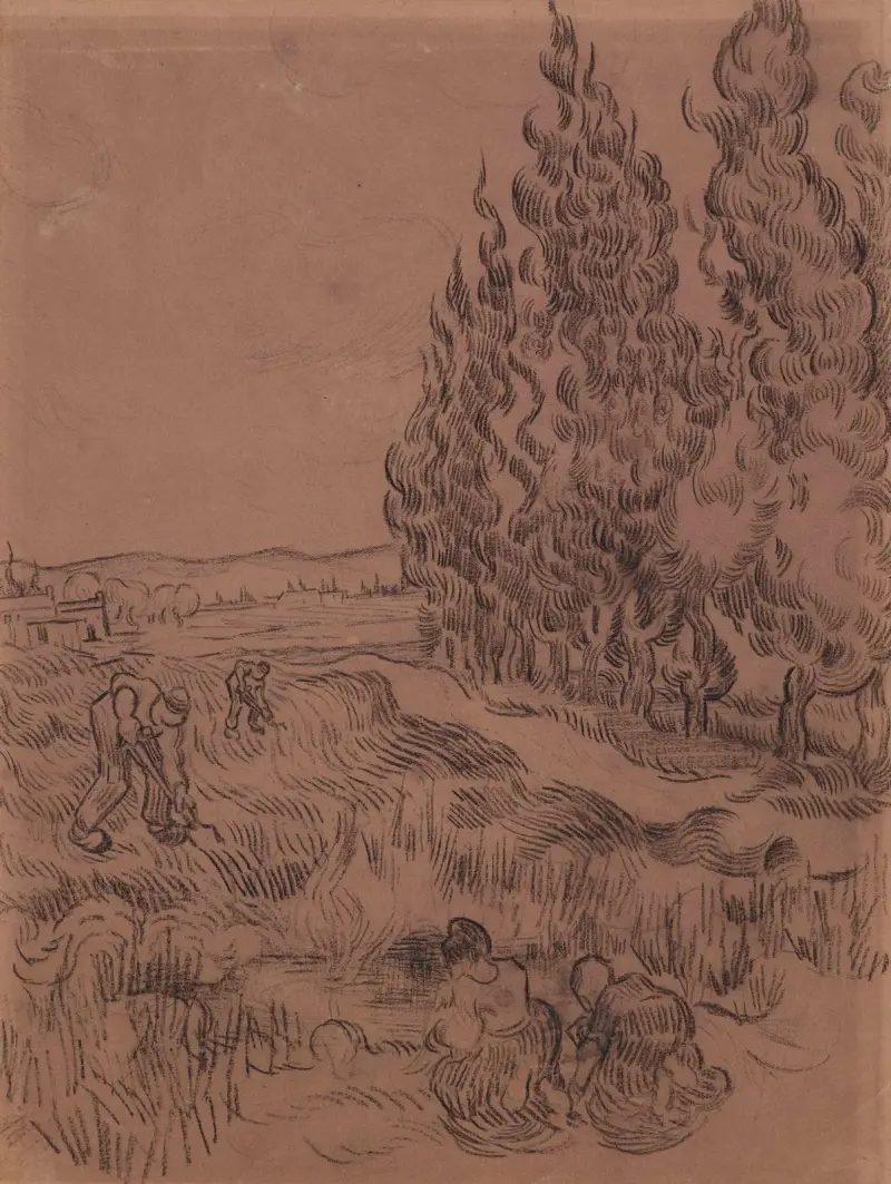 Cypresses with four people working in the field av Vincent van Gogh