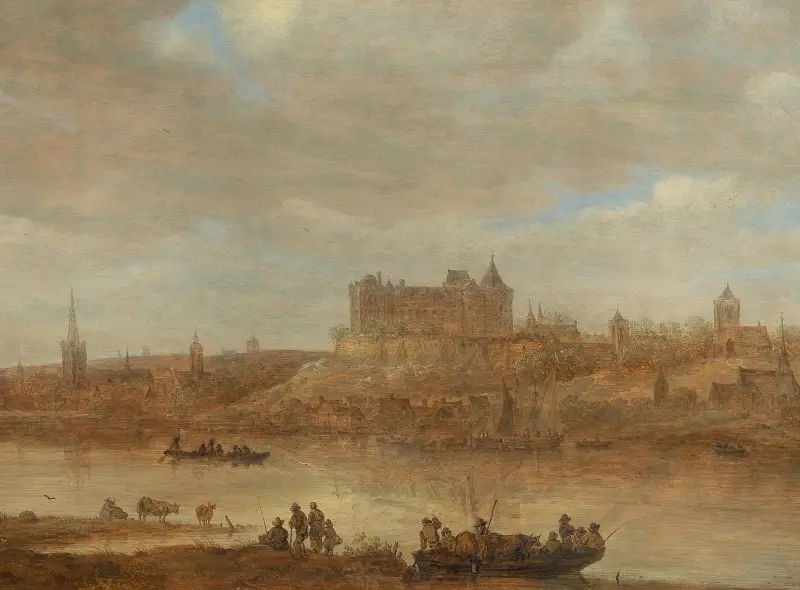 Flodlandskap med färja och slott vid en stad av Jan van Goyen