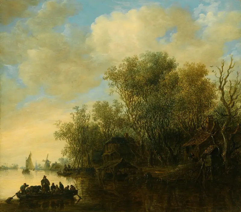 Flodlandskap med fullastad färja som närmar sig en livlig flodstrand av Jan van Goyen