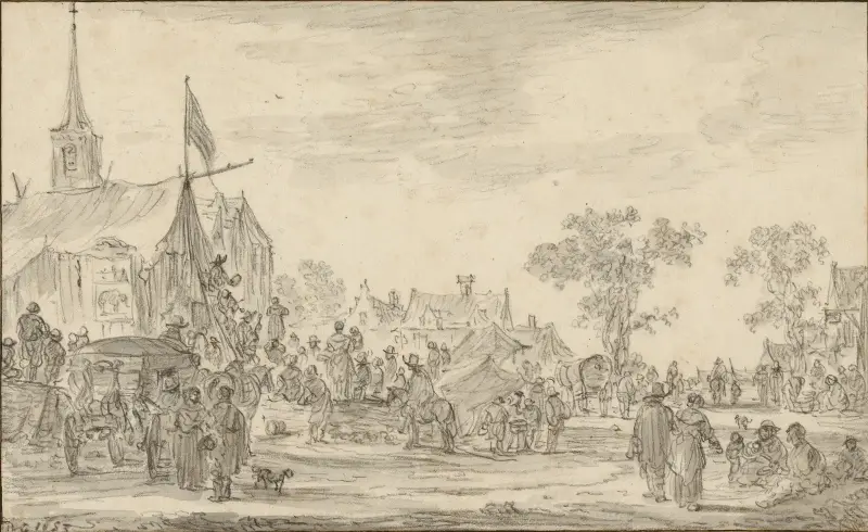 En byfest med musikanter utanför ett tält av Jan van Goyen