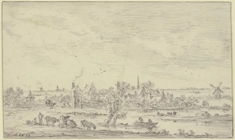 Am Wasser ein Dorf, vorn Hirten mit Vieh, auf dem Wasser ein Kahn, rechts eine Windmühle av Jan van Goyen