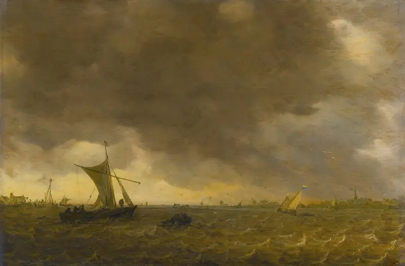 Estuarium med annalkande storm och Weyschuits som revar segel av Jan van Goyen