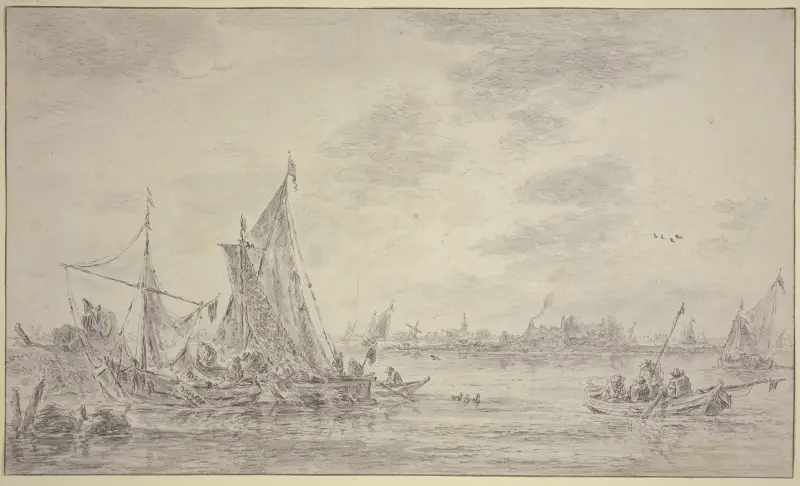 Auf einem Fluss viele Fischerbote, rechts ein Dorf av Jan van Goyen