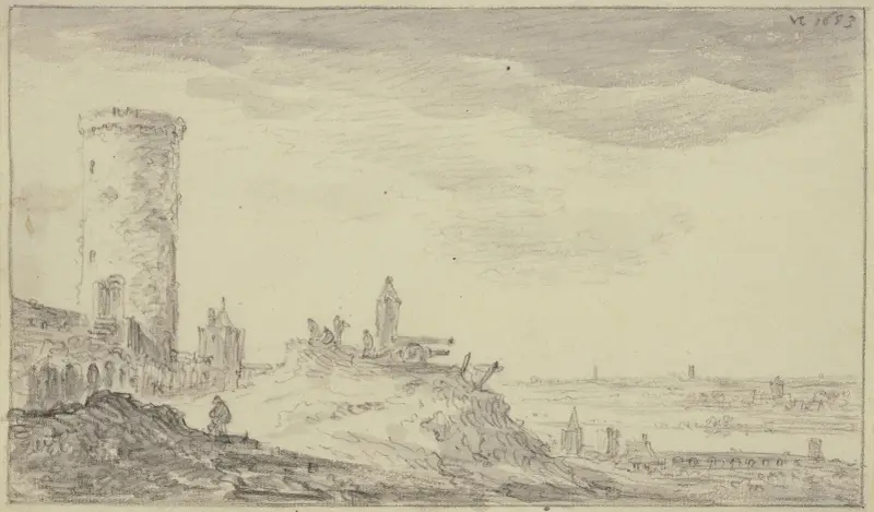 Befestigung, bei einem Kundeturm zwei Kanonen und ein Schilderhaus av Jan van Goyen