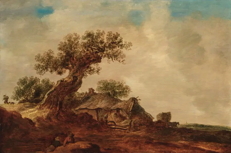 Dynlandskap med halmtäckt stuga intill en ek, äng i bakgrunden av Jan van Goyen