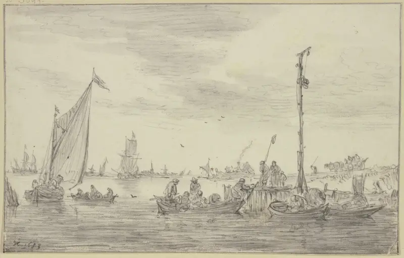 Ein hoher Signalmast halbrechts auf einer Landungsstelle, an der Ruderboote liegen av Jan van Goyen