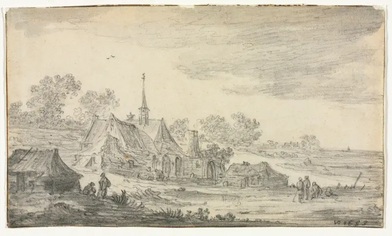 Grupp av byggnader vid en havskust av Jan van Goyen