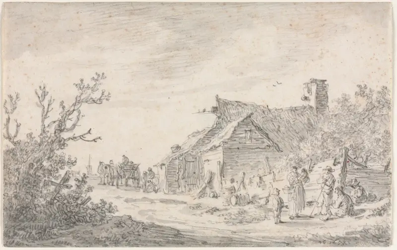 Landskap med stuga och figurer av Jan van Goyen