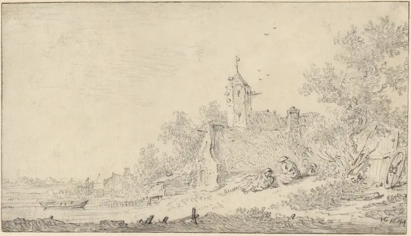 Landskap med bondgårdar och figurer av Jan van Goyen