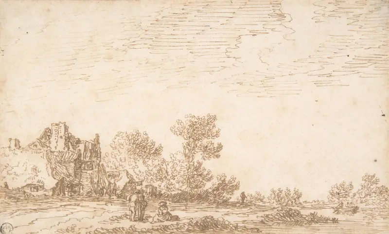 Landskap med flod och tre figurer av Jan van Goyen