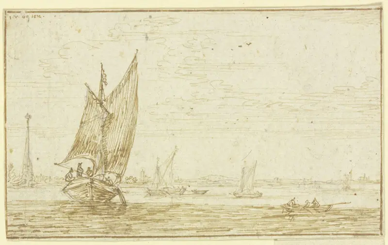 Marin, till vänster seglar en båt, till höger en roddbåt av Jan van Goyen