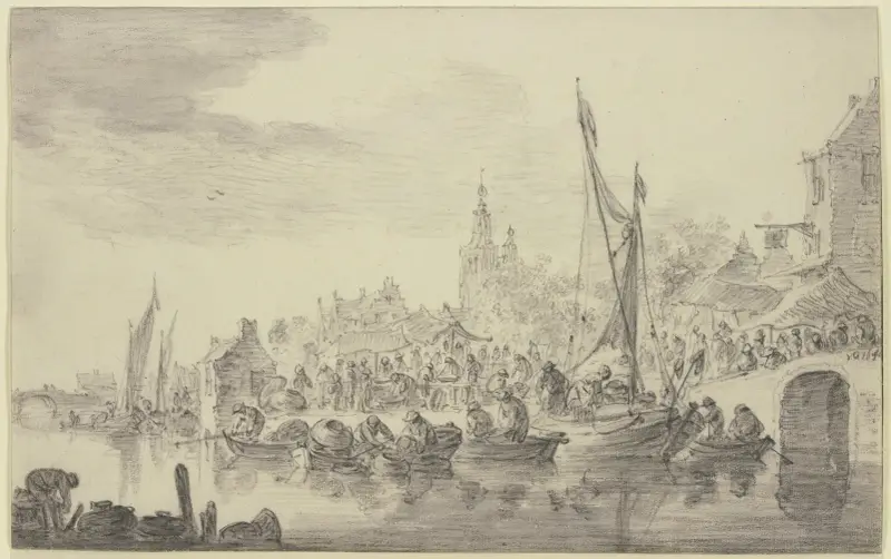 Marknad vid flodstranden av Jan van Goyen