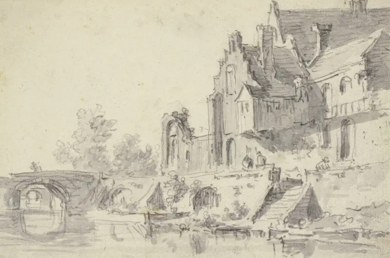 Hus vid vattnet till höger med trappa, över vattnet två stenbroar av Jan van Goyen